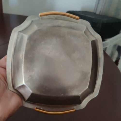 Vintage stainless steel serving bowl with gold handles and 24K engraved motif