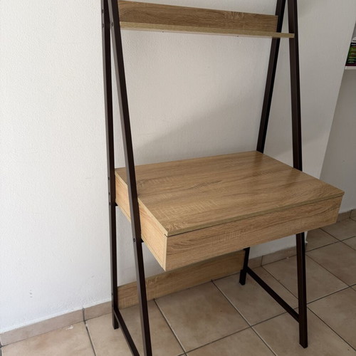 Desk with wooden surface, metal frame and drawer