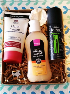 Gift box with new bath products Neutrogena, Farcom, Str8