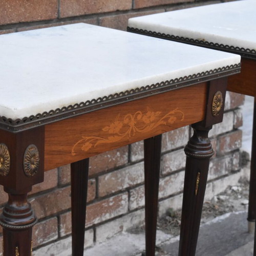 French vintage side tables used, pair with marble and marquetry
