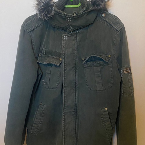 Men's jacket like new with detachable hood, denim fabric, size L
