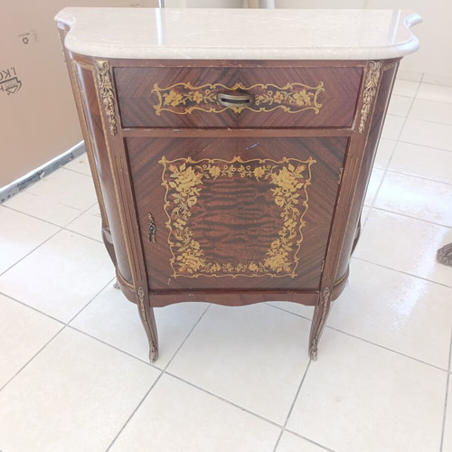 Vintage Louis XV Demilune Sideboard with Marquetry and Marble used