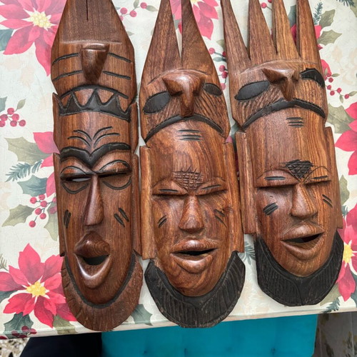 Wooden decorative masks set of 3 like new