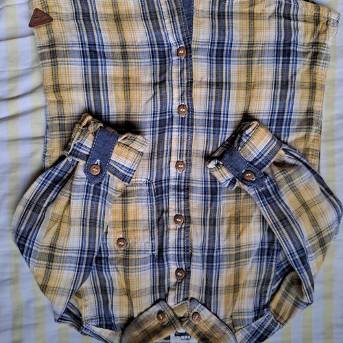 Mothercare toddler shirt used, long sleeve, yellow and blue plaid, 18-24 months