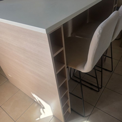 Island with bar stools like new, custom MDF design, storage and wine racks