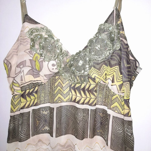 Summer dress khaki medium with green floral embroidery used