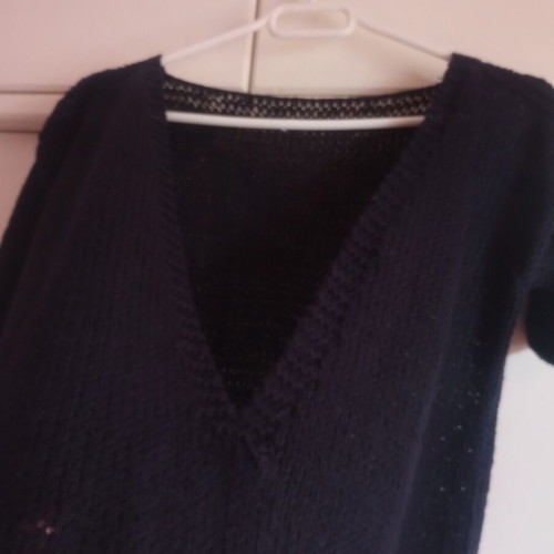 Handmade black knit top with open V back, used