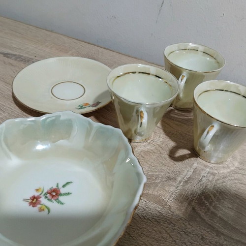 Porcelain coffee cups used, set of 3 with saucer and small bowl