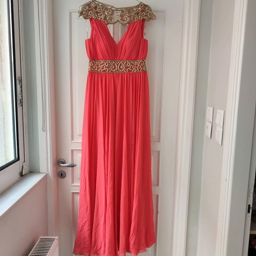 Maxi dress like new coral/salmon with gold lace and pearls, size 40