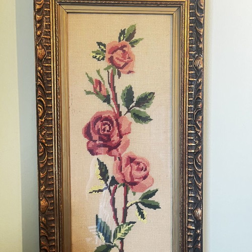 Handmade framed embroidery with cross-stitch and carved frame, vintage