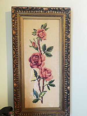 Handmade framed embroidery with cross-stitch and carved frame, vintage