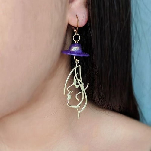 Handmade long dangle earrings with purple hat and gold details