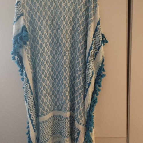 Long caftan new, white-turquoise, one size
