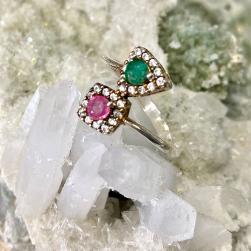Handmade silver ring with natural pink tourmaline, emerald and moissanite