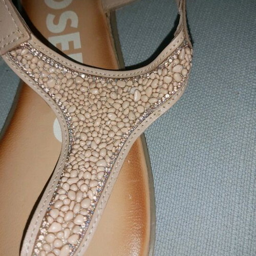 Gioseppo beige sandals used with 3 cm gold heel and decorative stones