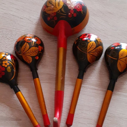 Vintage Russian wooden spoons set used, hand-painted