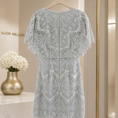 Karen Millen Fluted Sleeve Lace Dress, light grey, size S