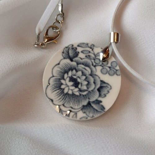 Necklace with soft leather chain and Crown Ducal Bristol China porcelain, custom made