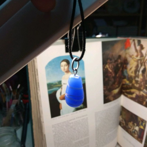 Handmade glass pendant blue bead 2.5cm teardrop shape with white stripe like new