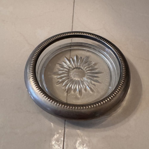Glass coasters with silver plate border, set of 6, like new