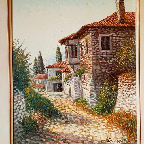 Spatula oil painting by Vas. Zenetzis with vineyard theme