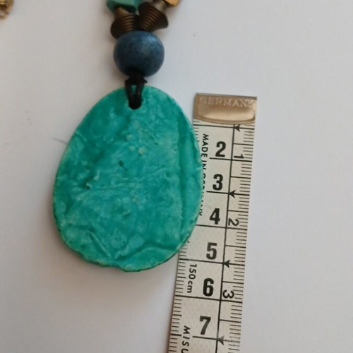 Handmade Boho Necklace with Embossed Ceramic Pendant, turquoise, 44 cm