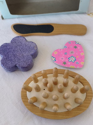 Body care set with pumice stone, massage tool, heart-shaped file, travel rasp
