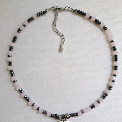 Pink Crystal and Hematite Heart Necklace like new, handmade