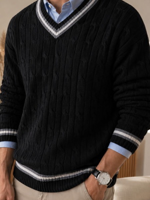 Emilio Corali Cable Knit V-Neck Sweater black XL used