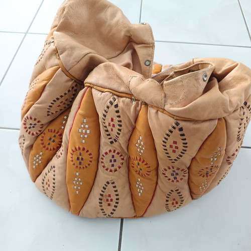 Moroccan pouf 1970 new, leather with handmade embroidery