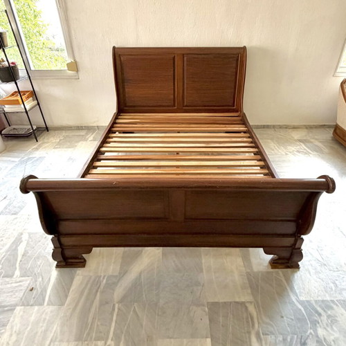 Solid wood bed used, mahogany finish, classic heavy construction