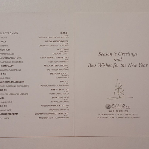 Greeting card used for Merry Christmas and Happy New Year from VANOS SHIP SUPPLIES
