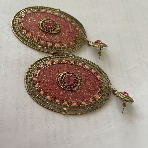 Vintage Statement Earrings in Antique Gold Tone with Fuchsia Pink Crystals like new