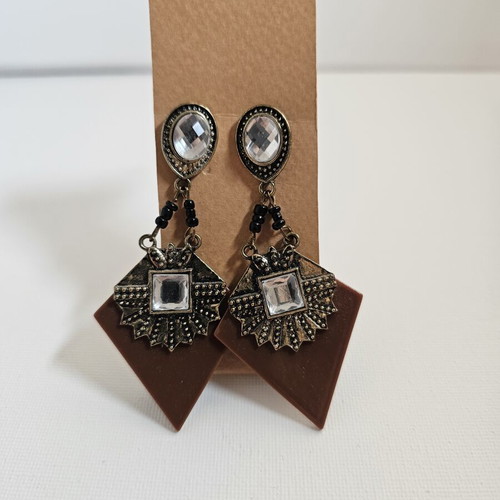 Vintage earrings with crystals used, brown geometric design