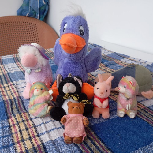 Set of eight retro plush toys, classic fuzzy figures from the 80s