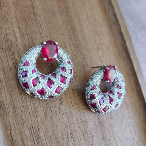 Earrings with zircon stones, silver plated, red and white