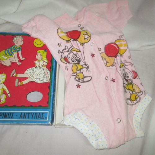 Greek baby jumpsuit new with Mickey Mouse lithograph box 60s Dendrinos Antypas