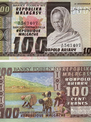 Madagascar 100 Francs banknote 1974 P#63a UNC