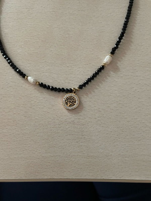 Tree of Life pendant with black beads and pearls, stainless steel
