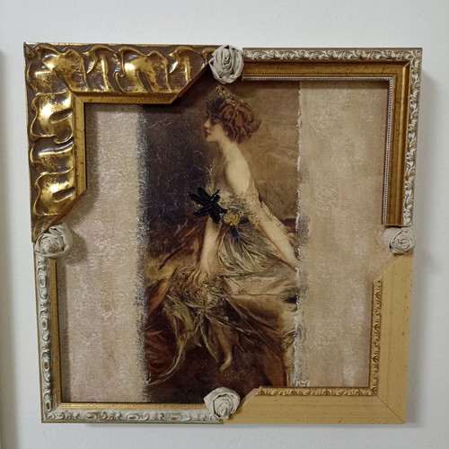 Canvas frame with decoupage and fabric flowers, new