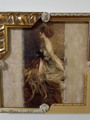 Canvas frame with decoupage and fabric flowers, new