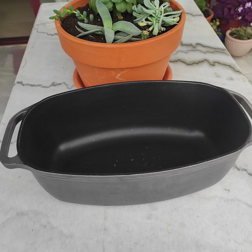 Glass Pyrex and cast iron pot used with surface wear