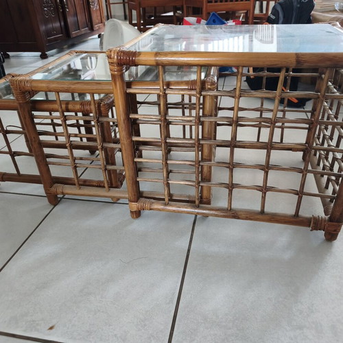 Set of 2 bamboo rattan coffee tables with glass top used