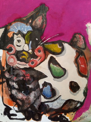 Expressionist painting of a cat with kitten on paper