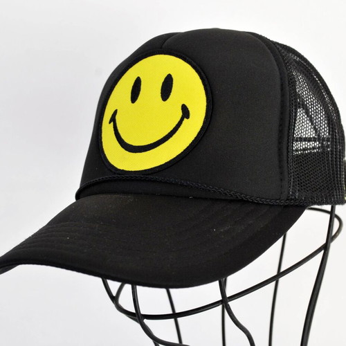 Aviator Nation Smiley Vintage Trucker Hat, black and yellow