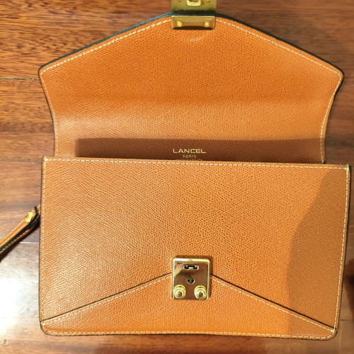 Vintage Lancel leather clutch bag new, beige caramel color