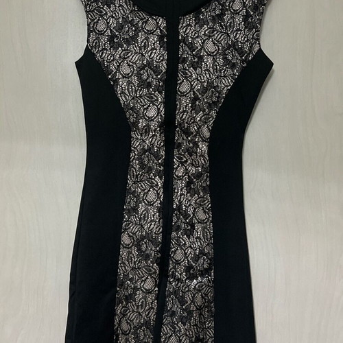 Evening dress knee-length black with sewn lace on champagne fabric like new