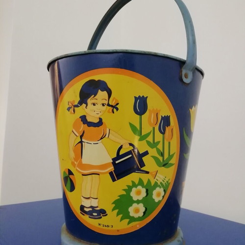 Vintage children's metal bucket used, colorful