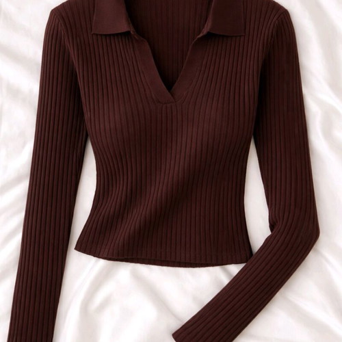 Brown ribbed blouse with collar elastic new