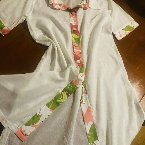 White semi-sheer shirt with floral trim, beachwear